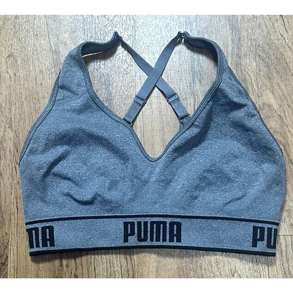 Puma Women’s Sports Bra Grey Nylon Logo Pit To Pit 15” Stretch Missing Tag